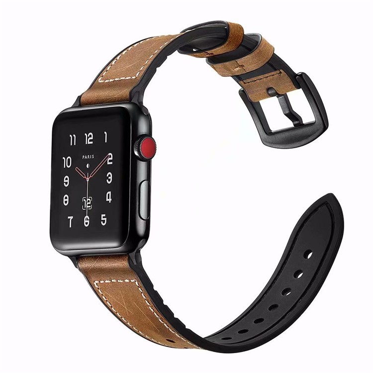 Cowhide Leather + Soft Silicone Watch Strap for Apple Watch Series 4 44mm, Series 3 / 2 / 1 42mm - Brown-3