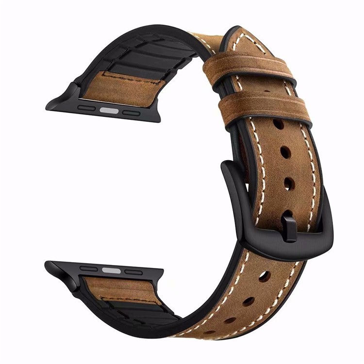 Cowhide Leather + Soft Silicone Watch Strap for Apple Watch Series 4 44mm, Series 3 / 2 / 1 42mm - Brown-4