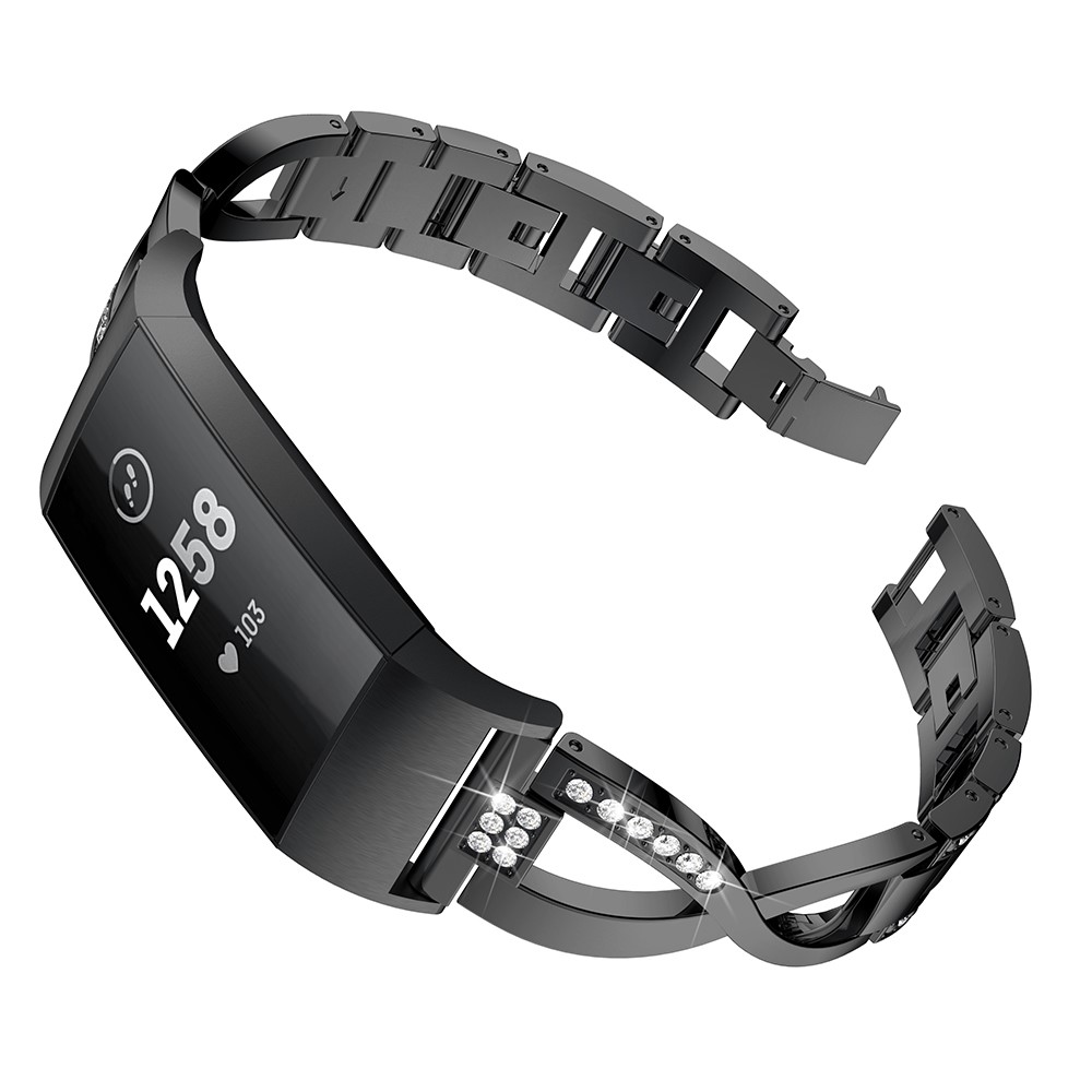 X-shape Rhinestone Decoration Aluminum Alloy Watch Band for Fitbit Charge 3 - Black-2