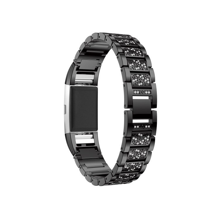 Rhinestone Decor Metal Watch Band Strap Replacement for Fitbit Charge 2 - Black-1