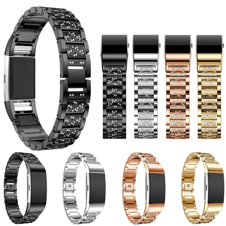Rhinestone Decor Metal Watch Band Strap Replacement for Fitbit Charge 2 - Black-10