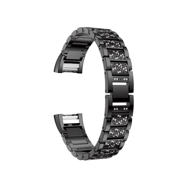 Rhinestone Decor Metal Watch Band Strap Replacement for Fitbit Charge 2 - Black-2