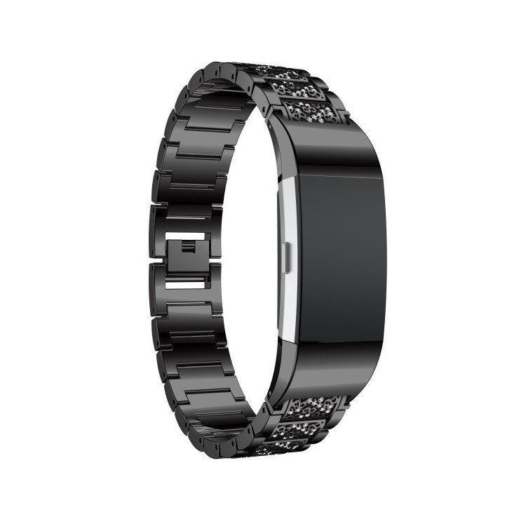Rhinestone Decor Metal Watch Band Strap Replacement for Fitbit Charge 2 - Black-3