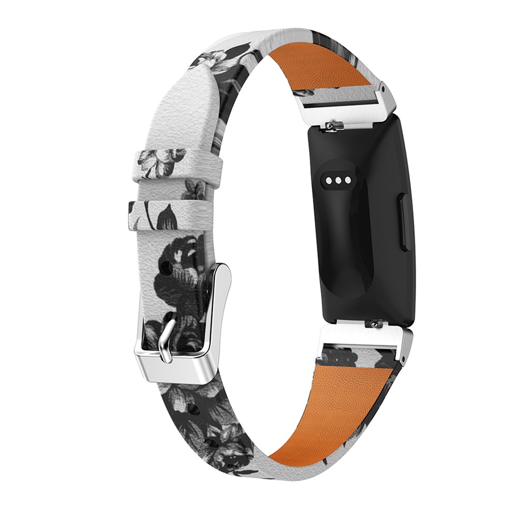 Flower Pattern Single Tour Genuine Leather Watch Strap for Fitbit Inspire / Inspire HR - White Background White Rose-1