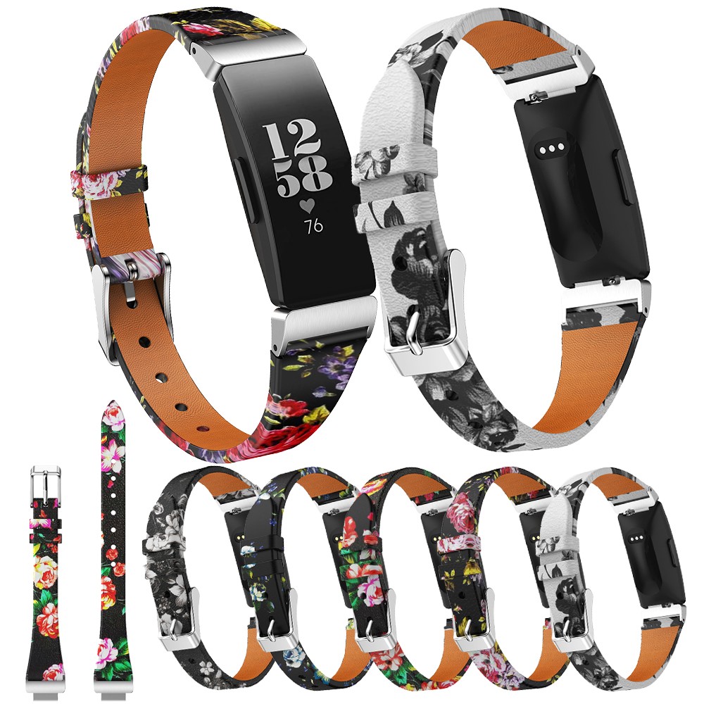 Flower Pattern Single Tour Genuine Leather Watch Strap for Fitbit Inspire / Inspire HR - White Background White Rose-6
