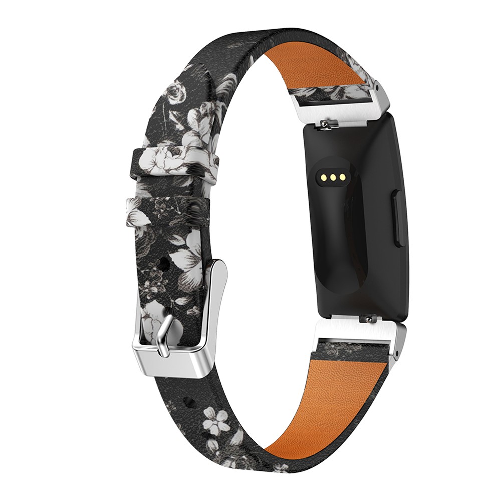 Flower Pattern Single Tour Genuine Leather Watch Strap for Fitbit Inspire / Inspire HR - Black White Rose-1