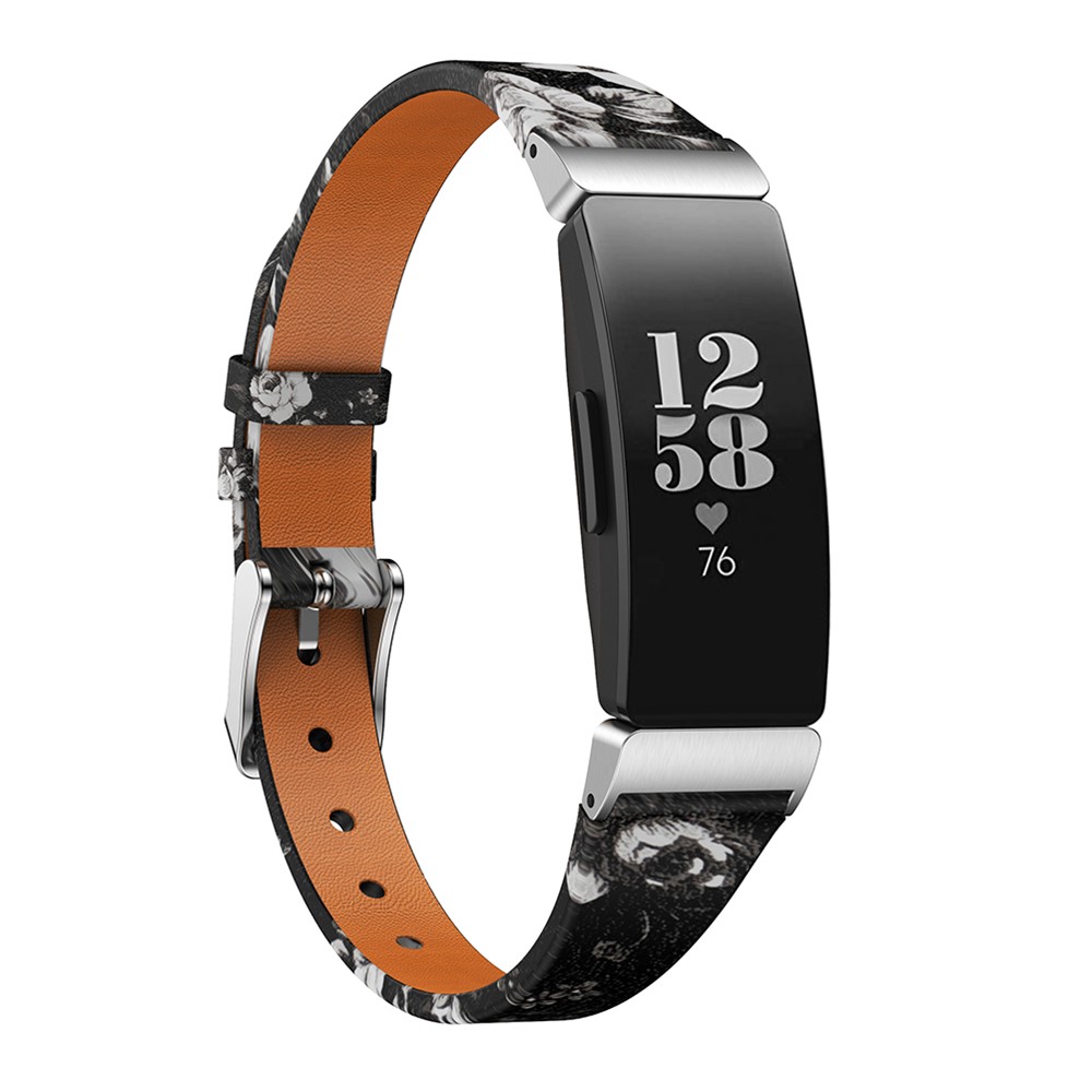 Flower Pattern Single Tour Genuine Leather Watch Strap for Fitbit Inspire / Inspire HR - Black White Rose-2