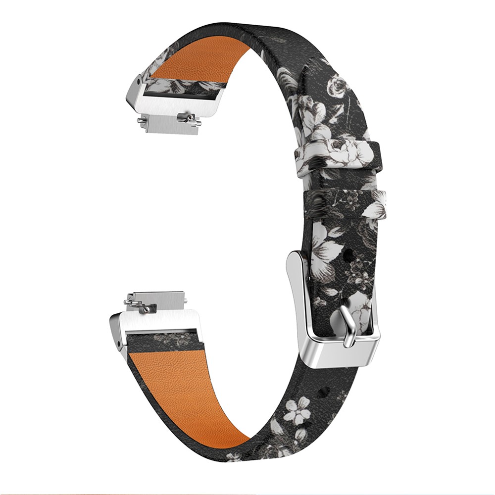 Flower Pattern Single Tour Genuine Leather Watch Strap for Fitbit Inspire / Inspire HR - Black White Rose-3