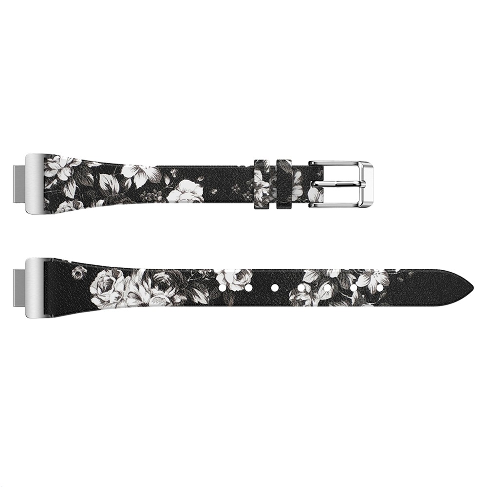 Flower Pattern Single Tour Genuine Leather Watch Strap for Fitbit Inspire / Inspire HR - Black White Rose-4