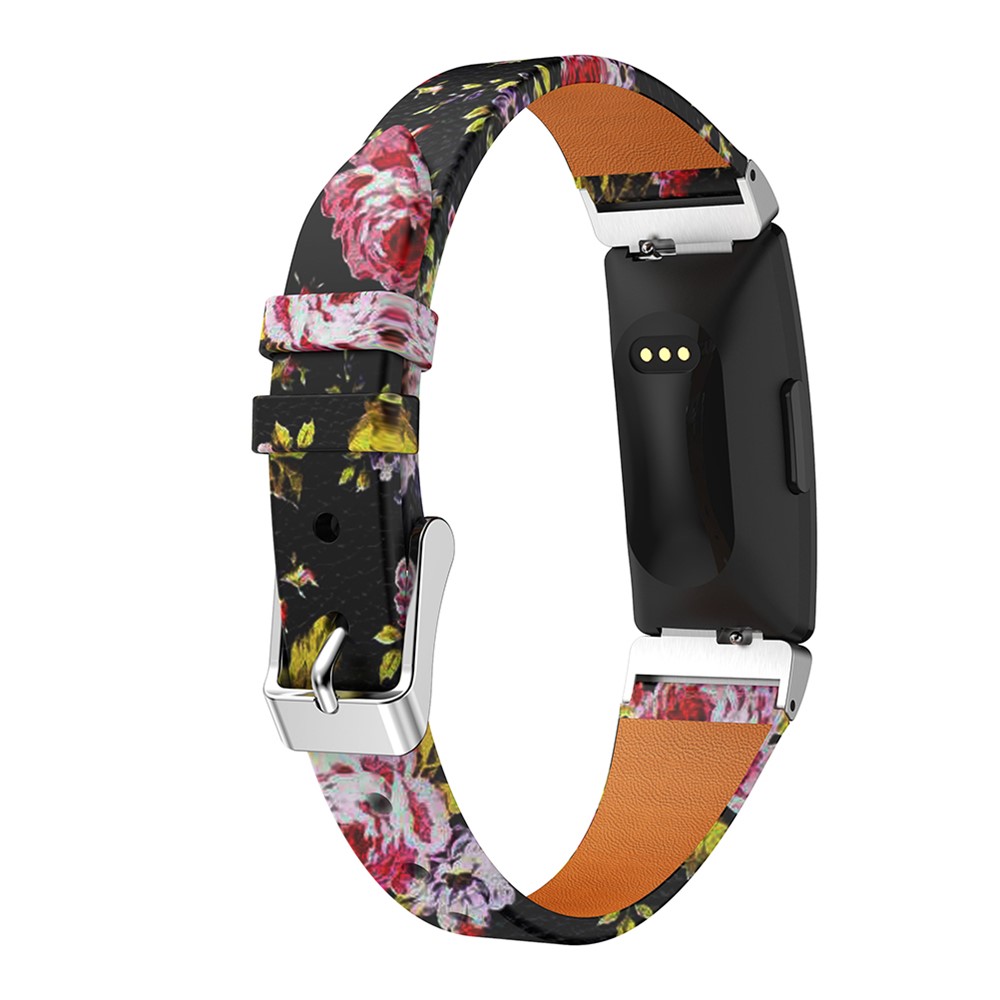 Flower Pattern Single Tour Genuine Leather Watch Strap for Fitbit Inspire / Inspire HR - Black Pink Rose-1