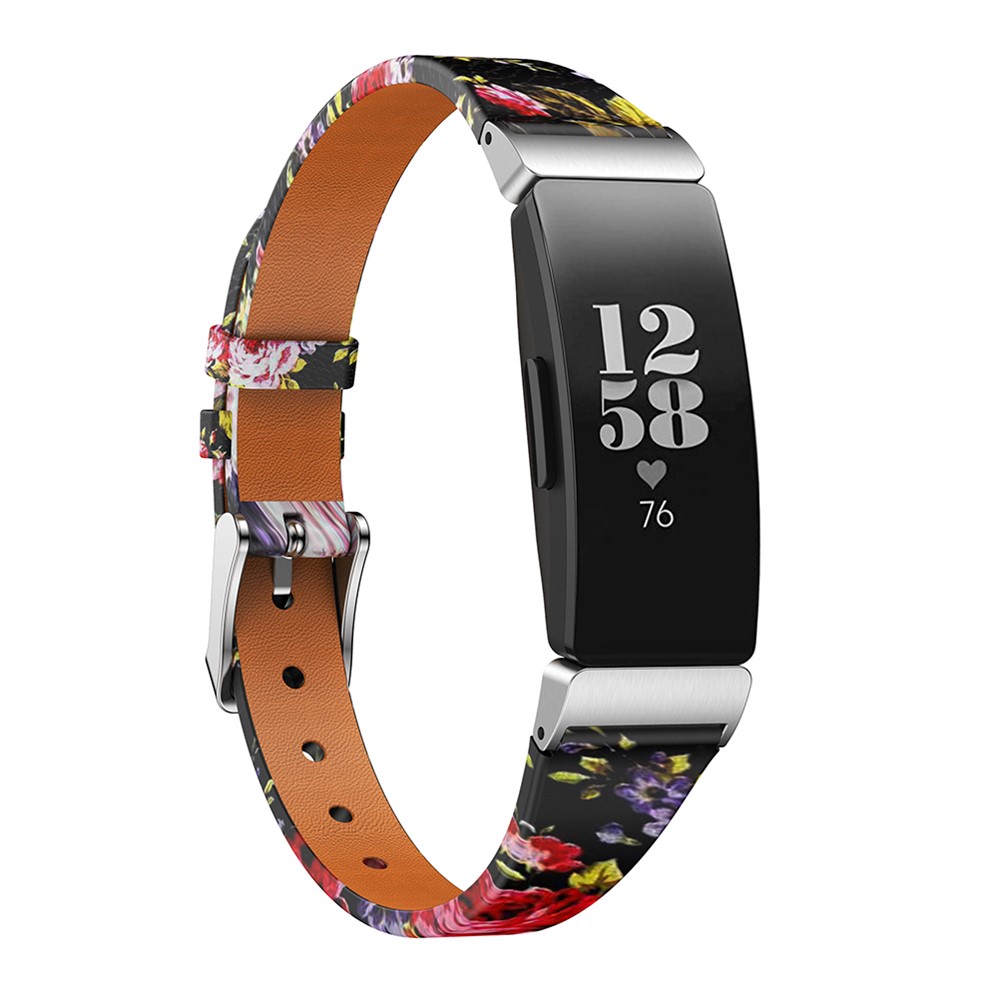 Flower Pattern Single Tour Genuine Leather Watch Strap for Fitbit Inspire / Inspire HR - Black Pink Rose-2