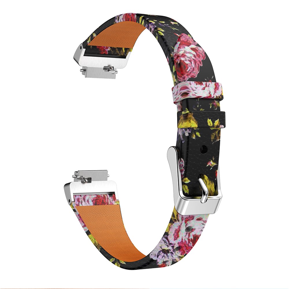 Flower Pattern Single Tour Genuine Leather Watch Strap for Fitbit Inspire / Inspire HR - Black Pink Rose-3