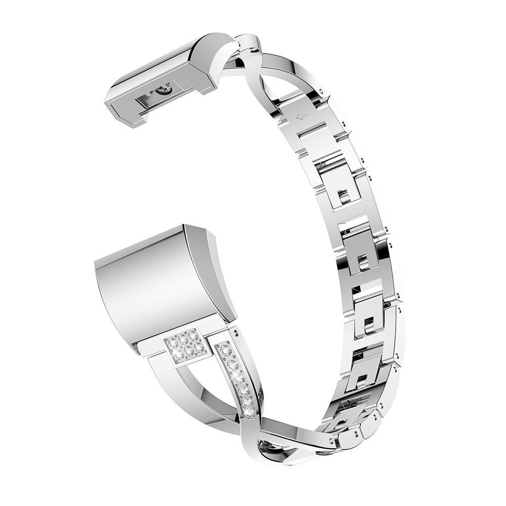 Faixa De Relógio Da Liga De Alumínio Da Decoração Do Cristal De Rocha Da X-forma Para A Carga 2 Do Fitbit - Prata-1