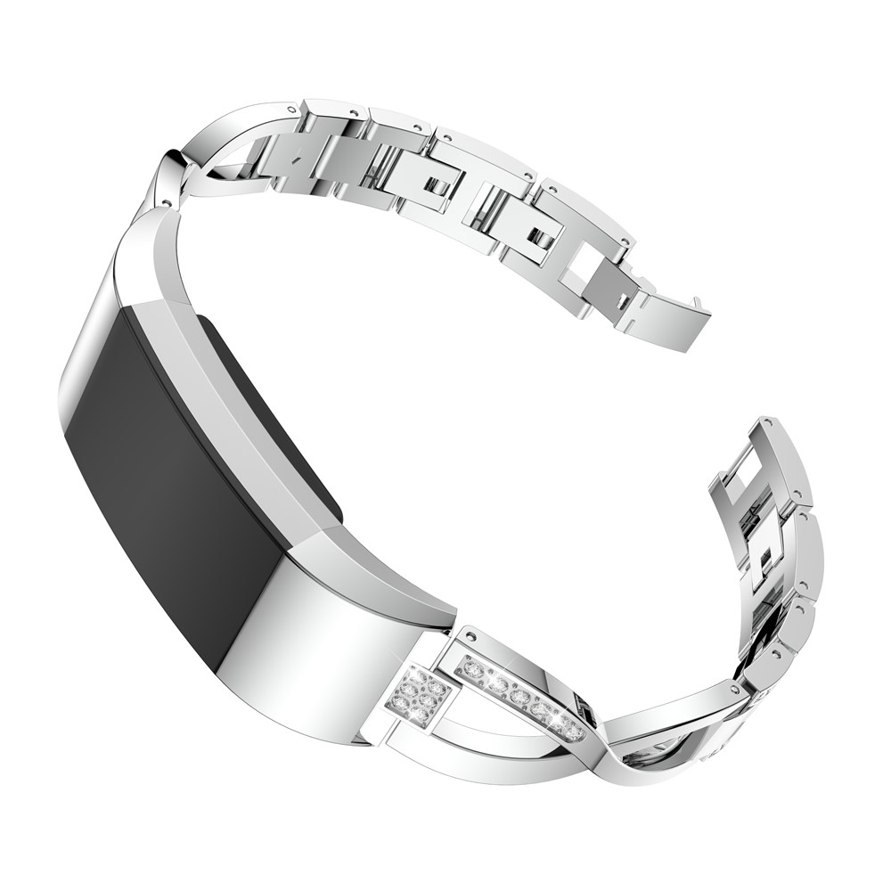 Faixa De Relógio Da Liga De Alumínio Da Decoração Do Cristal De Rocha Da X-forma Para A Carga 2 Do Fitbit - Prata-2