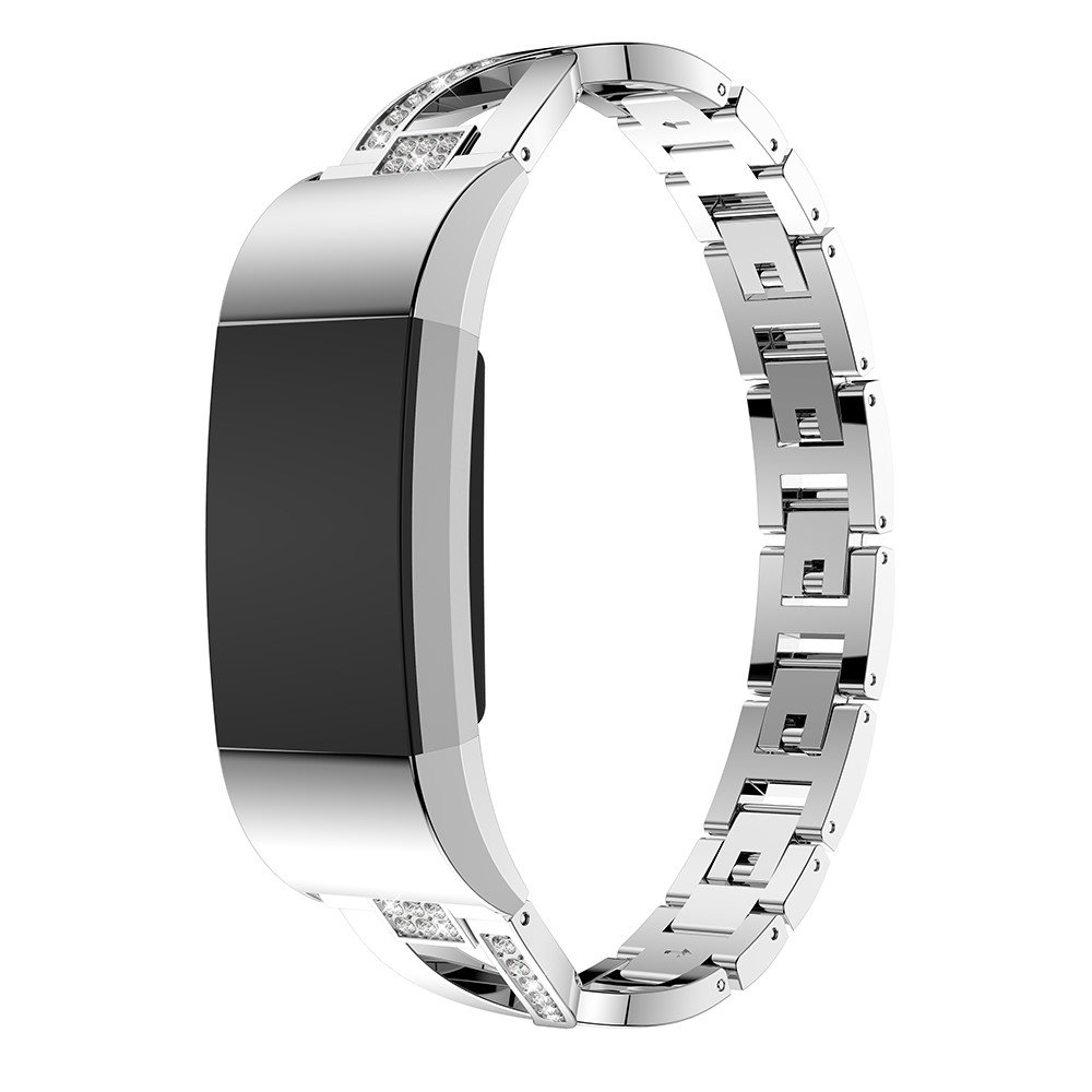 Faixa De Relógio Da Liga De Alumínio Da Decoração Do Cristal De Rocha Da X-forma Para A Carga 2 Do Fitbit - Prata-3