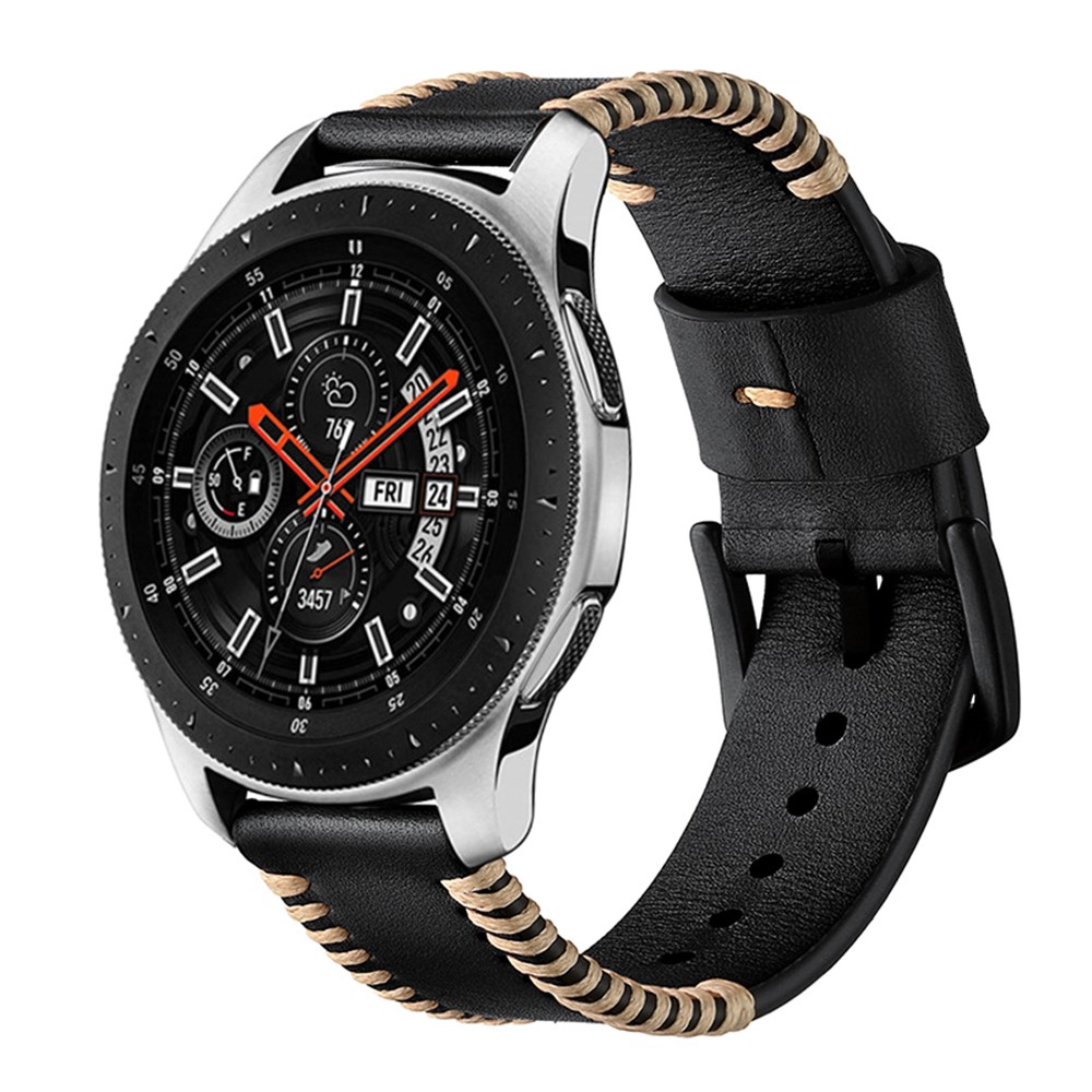 20mm Genuine Leather Watch Band Wristband with Hand Sewn Edges for Samsung Galaxy Watch Active - Black-2