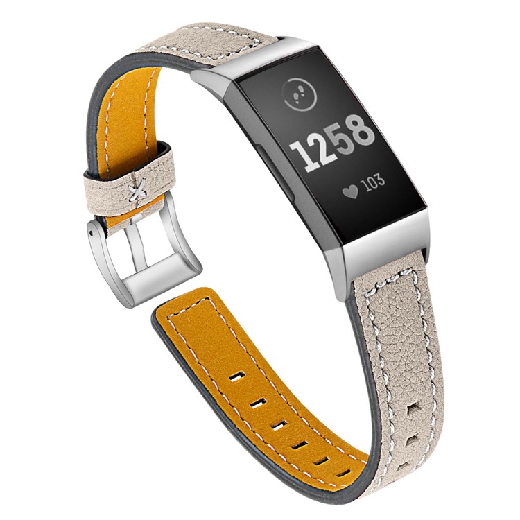 Top Layer Cowhide Genuine Leather Smart Watch Band Replacement for Fitbit Charge 3 - Apricot-2