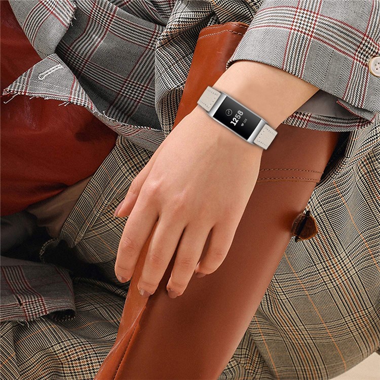 Top Layer Cowhide Genuine Leather Smart Watch Band Replacement for Fitbit Charge 3 - Apricot-4