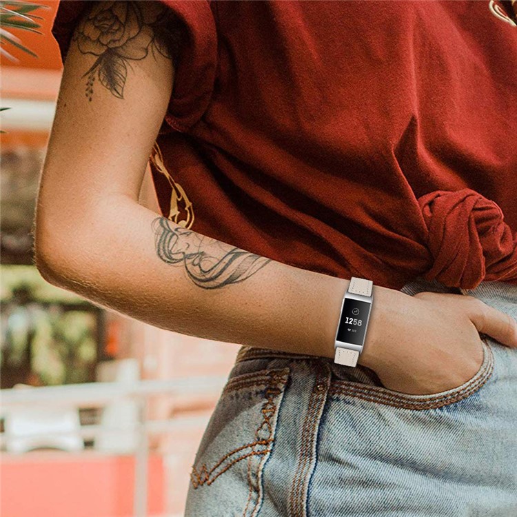 Top Layer Cowhide Genuine Leather Smart Watch Band Replacement for Fitbit Charge 3 - Apricot-5