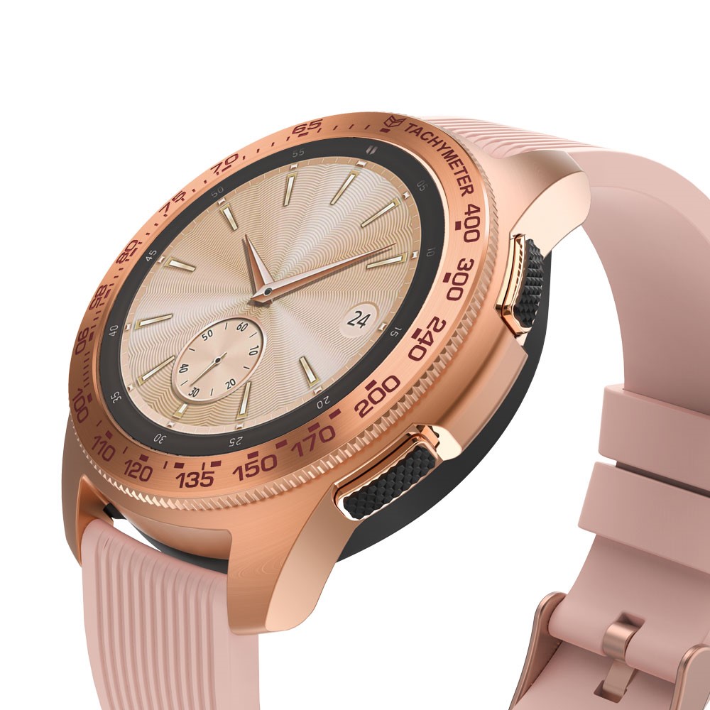 Accessoires De Protection Anti Anneau De Lunette Métal Acier Anti-rayures Pour Samsung Galaxy Watch 42mm - Bague En Or Rose Texte Rouge-2