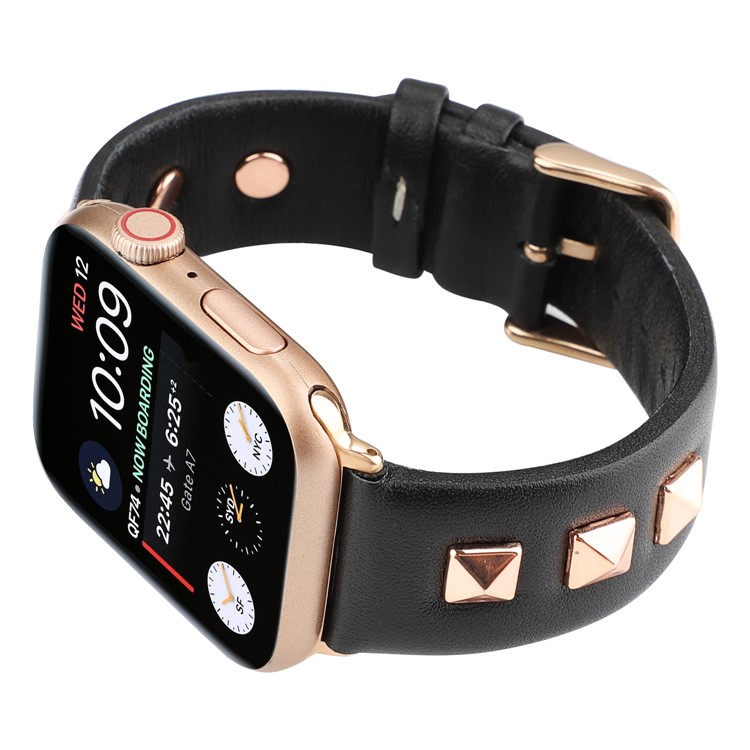 Bracelet De Montre En Cuir Véritable Bande De Montre Intelligente Avec Attache En Or Rose Pour Apple Watch Series 1/2/3 42mm / Montre Apple Série 4 44mm - Noir-3