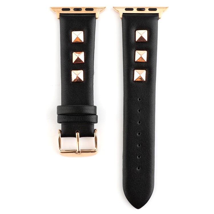 Bracelet De Montre En Cuir Véritable Bande De Montre Intelligente Avec Attache En Or Rose Pour Apple Watch Series 1/2/3 42mm / Montre Apple Série 4 44mm - Noir-5