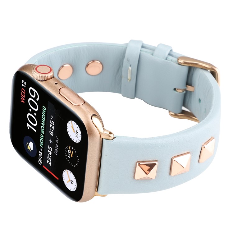 Genuine Leather Watch Strap Smart Watch Band Watchband with Rose Gold Fastener for Apple Watch Series 1 2 3 42mm / Apple Watch Series 5 4 44mm -Baby Blue-3