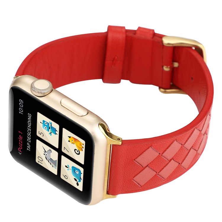 Pulseiras De Textura De Tecido De Couro Genuíno Pulseira De Relógio Inteligente Para Apple Watch Series 1 2 3 42mm / Série De Relógios 5 4 44mm - Vermelho-3