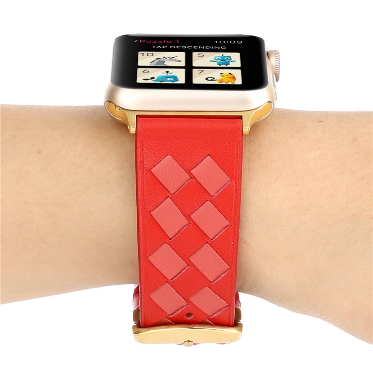 Pulseiras De Textura De Tecido De Couro Genuíno Pulseira De Relógio Inteligente Para Apple Watch Series 1 2 3 42mm / Série De Relógios 5 4 44mm - Vermelho-4
