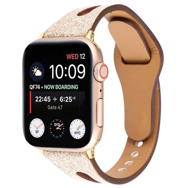 Flash Em Pó Pulseira De Pulseira De Relógio De Couro Genuíno Para Apple Watch Series 5 4 44mm / Série 3 2 1 42mm - Ouro-2