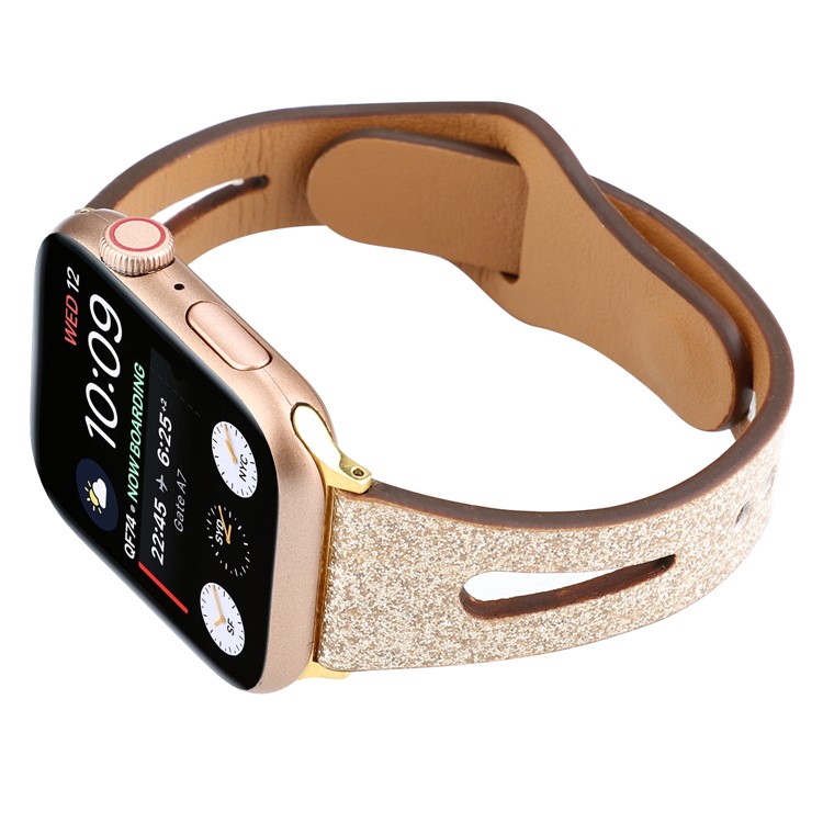Flash Em Pó Pulseira De Pulseira De Relógio De Couro Genuíno Para Apple Watch Series 5 4 44mm / Série 3 2 1 42mm - Ouro-3