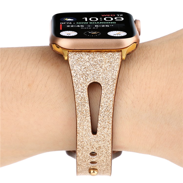 Flash Em Pó Pulseira De Pulseira De Relógio De Couro Genuíno Para Apple Watch Series 5 4 44mm / Série 3 2 1 42mm - Ouro-4