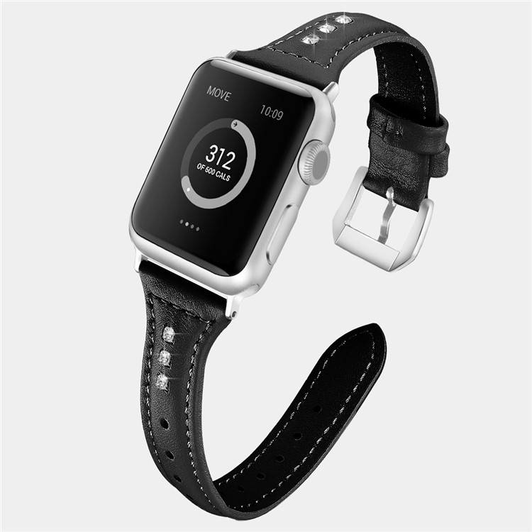 Decoración De Diamantes Correa De Reloj De Cuero Genuino Para Apple Watch Series 3/2/1 38 Mm / Apple Watch Series 5 4 40mm - Negro-2