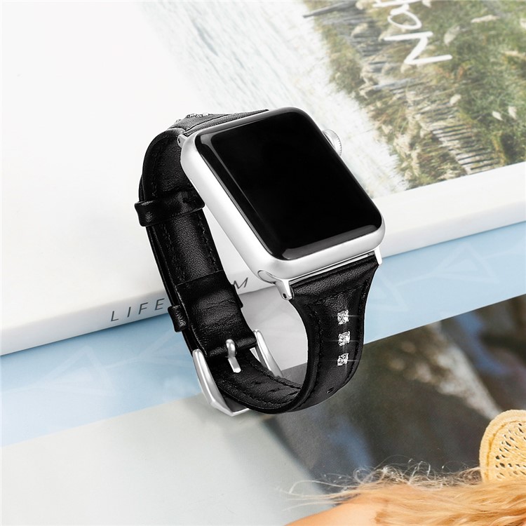 Decoración De Diamantes Correa De Reloj De Cuero Genuino Para Apple Watch Series 3/2/1 38 Mm / Apple Watch Series 5 4 40mm - Negro-3