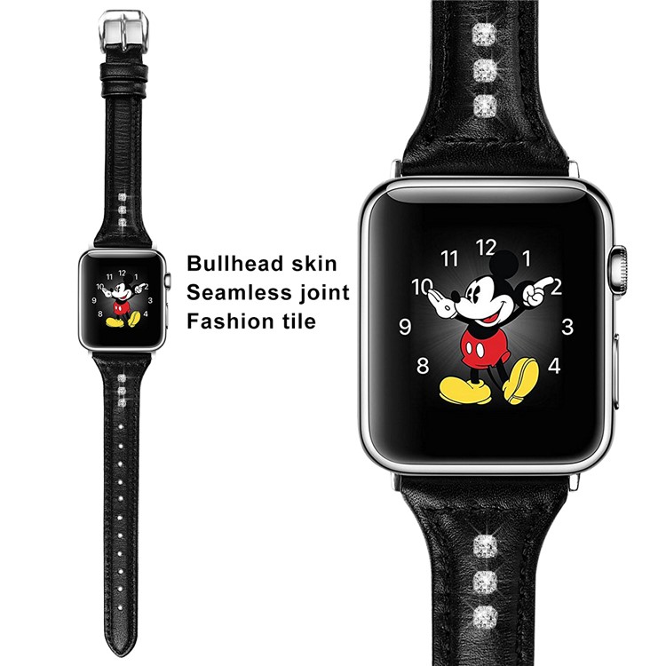 Decoración De Diamantes Correa De Reloj De Cuero Genuino Para Apple Watch Series 3/2/1 38 Mm / Apple Watch Series 5 4 40mm - Negro-4