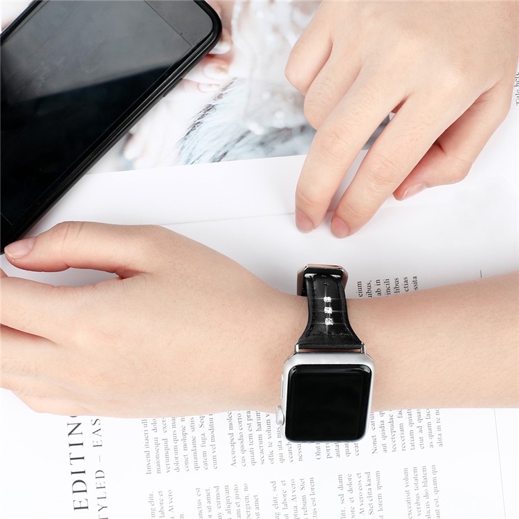 Decoración De Diamantes Correa De Reloj De Cuero Genuino Para Apple Watch Series 3/2/1 38 Mm / Apple Watch Series 5 4 40mm - Negro-5