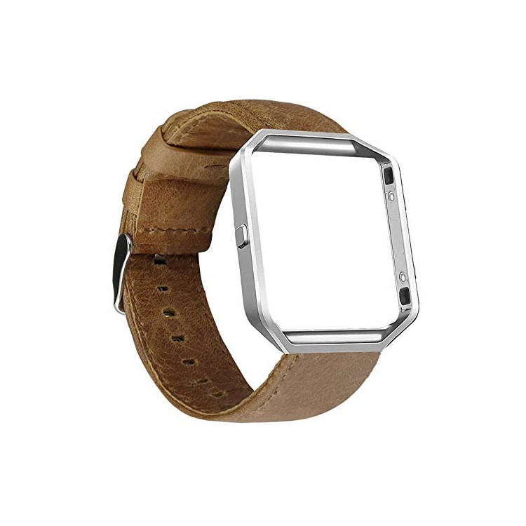 Crazy Horse Skin Cowhide Leather Smart Watch Band for Fitbit Blaze - Light Brown/Silver Frame-1