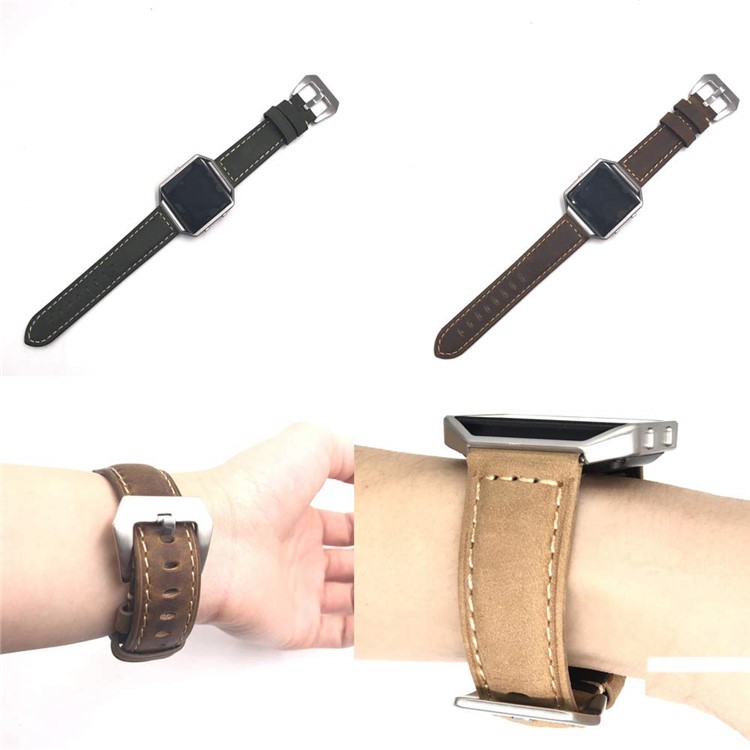 Crazy Horse Skin Cowhide Leather Smart Watch Band for Fitbit Blaze - Light Brown/Silver Frame-2