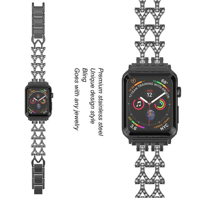 38mm Rhinestone Decor Premium Stainless Steel Watch Band for Apple Watch Series 4 40mm / Series 3 2 1 38mm - Black-2