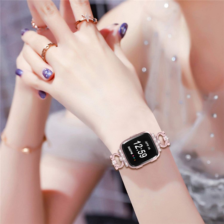 Rhinestone Decor Ring Shape Stainless Steel Replacement Smart Wristband for Fitbit Versa/Versa Lite - Rose Gold-5