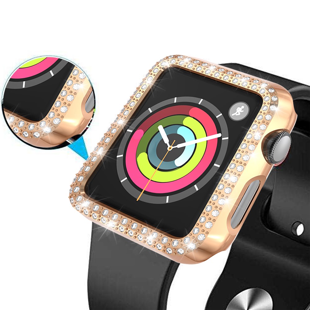 Decoración De Diamantes De Imitación Dual Rhinestone Smart Watch PC Funda Protectora Para La Serie De Apple Watch 3/2/1 38mm - Oro Rosa