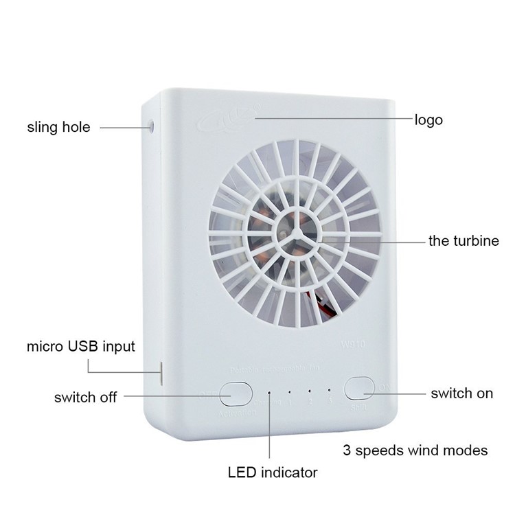 W910 Portable Necklace 3 Speeds Personal Cooling Fan with 18650 Li-ion Battery - White-3