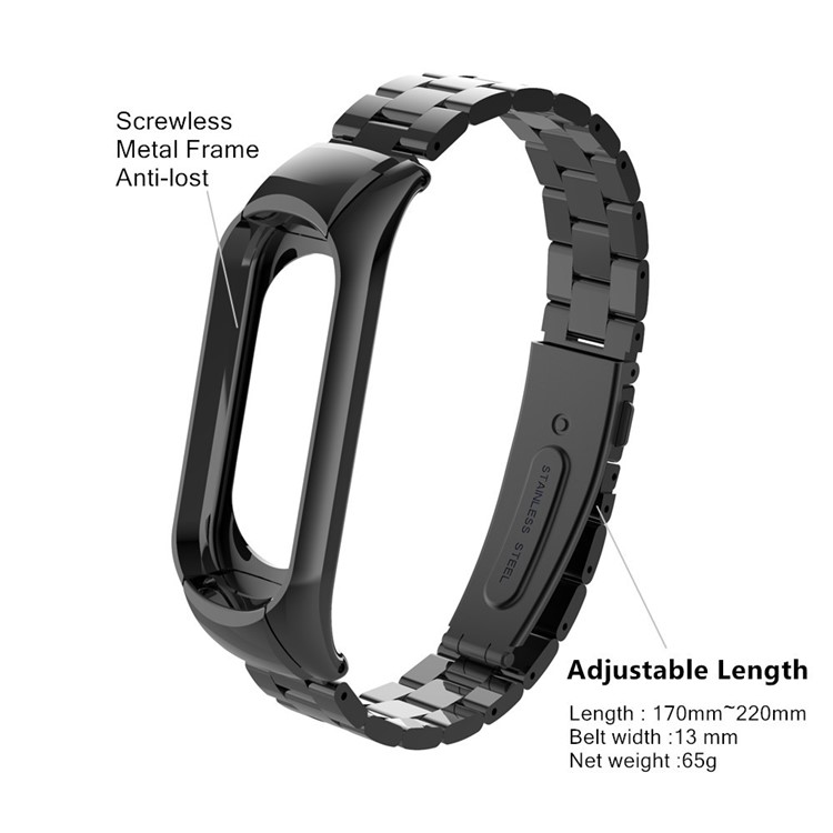 Screwless Three Beads Stainless Steel Band Replacement for Xiaomi Mi Band 3 - Black-2