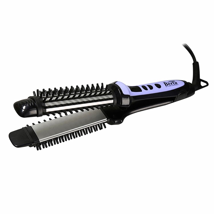 BERTA 059 110-125V Multi-function Professional Hair Flat Iron Hot Brush & Hair Straightener & Curler Ceramic 3 in 1 - US Plug-1