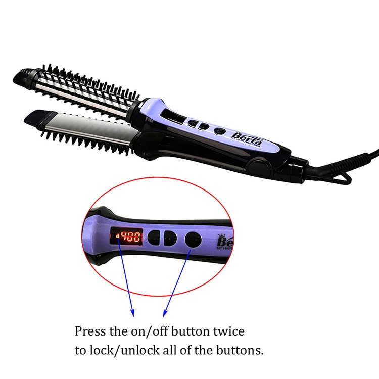 BERTA 059 110-125V Multi-function Professional Hair Flat Iron Hot Brush & Hair Straightener & Curler Ceramic 3 in 1 - US Plug-3