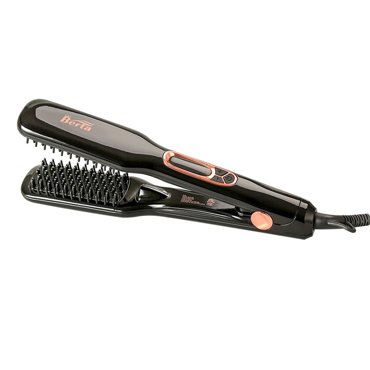 BERTA 804 110-125V Digital Display Temperature Ceramic Hair Straightener Negative Ions Flat Iron Brush with Heat Resistant Glove - US Plug / Black-1
