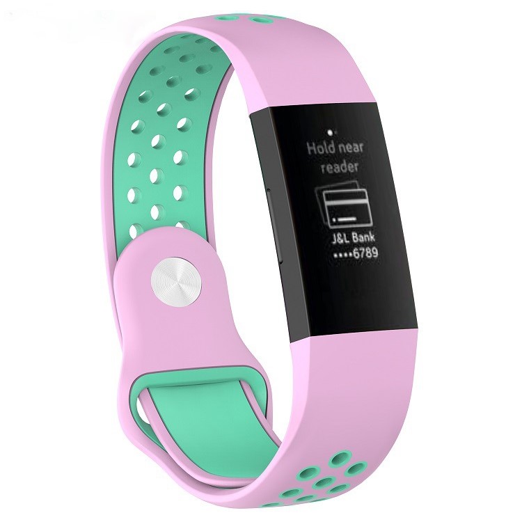 For Fitbit Charge 3 Bi-color Breathable Silicone Sports Watch Strap, Size: S (130-180mm) - Pink/Green-1
