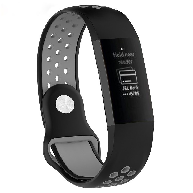 Bi-color Hollow Holes Silicone Wristband for Fitbit Charge 3, Size: L (160 - 240mm / 6.30 - 9.45") - Black / Grey-1
