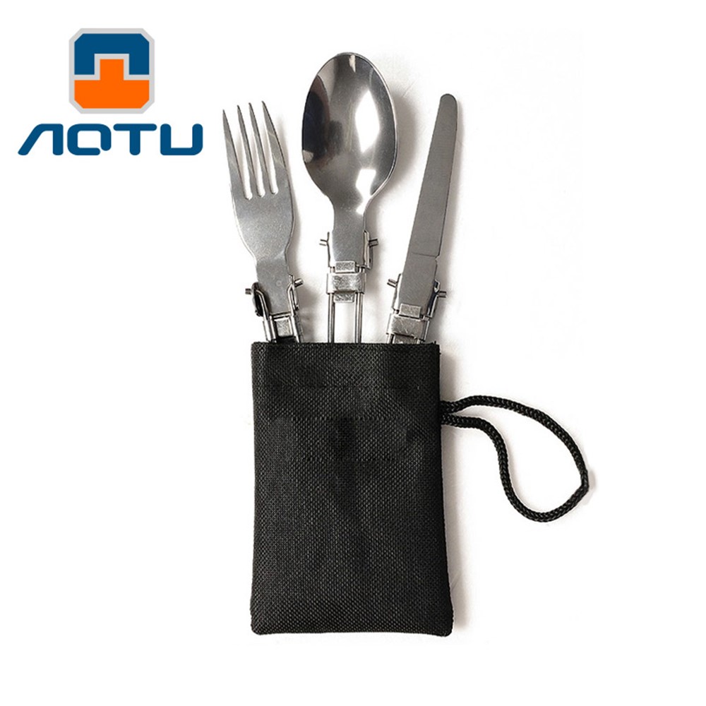 AOTU AT6387 Outdoors Stainless Steel Foldable Knife + Fork + Spoon 3-in-1 Set for Camping, Hiking etc.-1