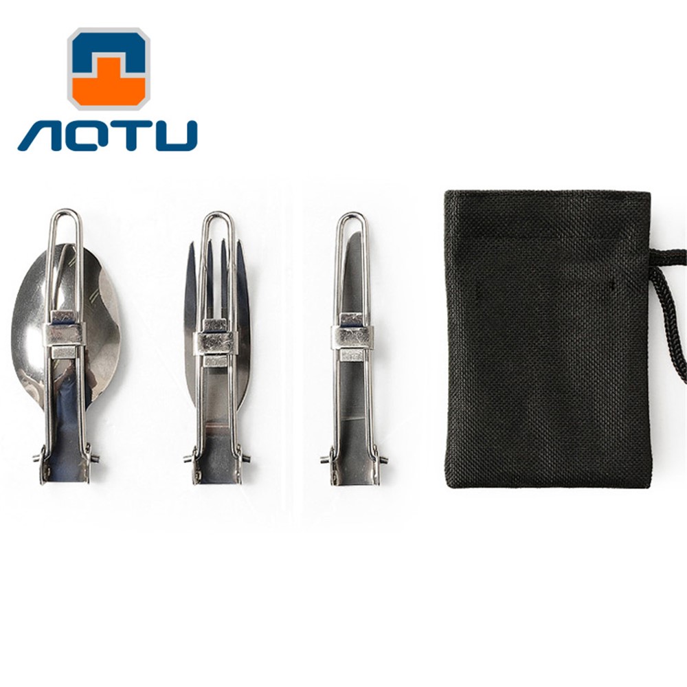 AOTU AT6387 All'aperto Coltello Pieghevole In Acciaio Inox + Forchetta + Cucchiaio 3-in-1 Set Per Campeggio, Escursioni, Ecc.